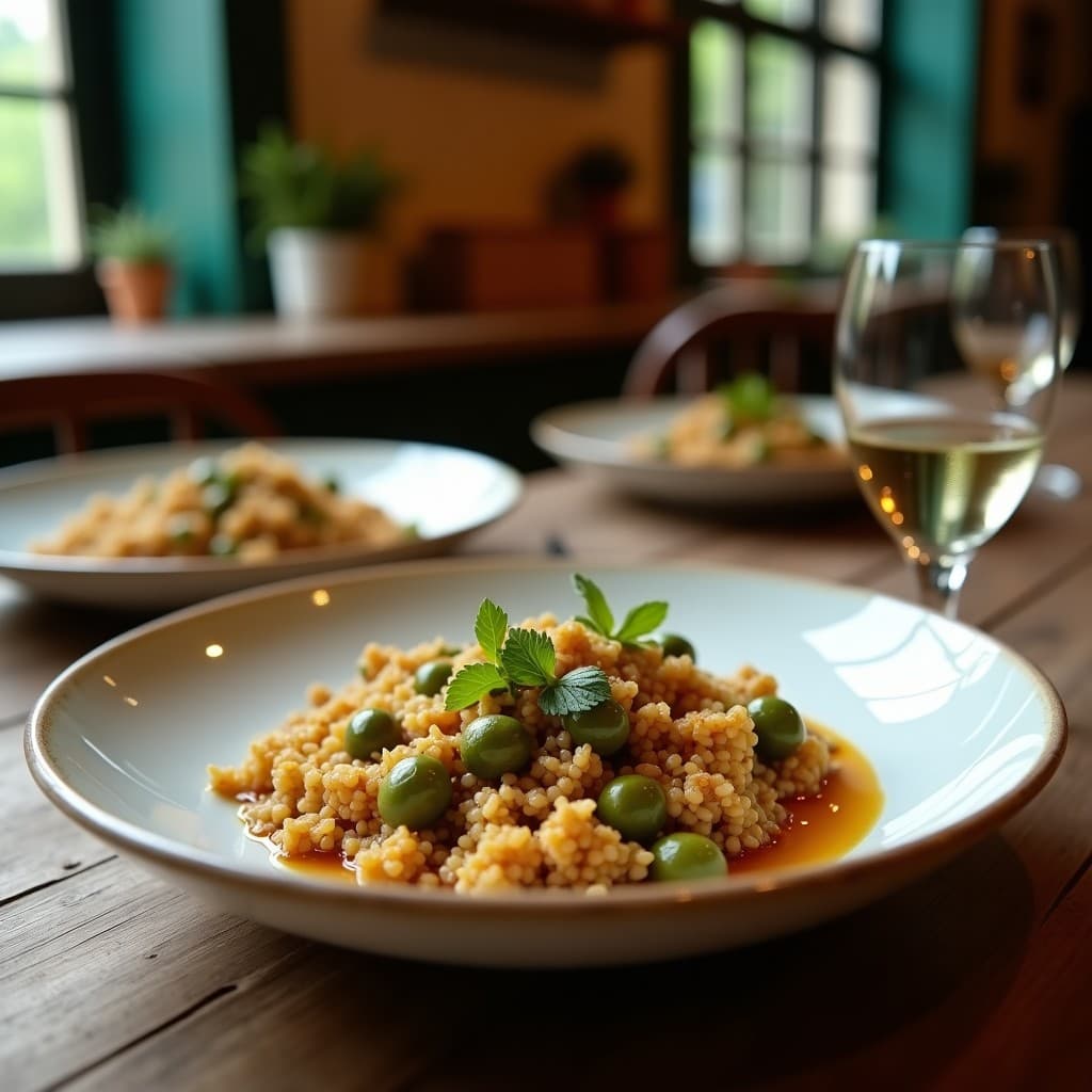 Bowl de desayuno vegano con quinoa esponjosa como base, moras frescas (arándanos, frambuesas y zarzamoras) distribuidas por encima, semillas de chía, almendras tostadas y hojas de menta. El plato está bañado con un aderezo brillante de limón y jengibre, servido en un bol de cerámica blanca sobre una mesa de madera rústica.