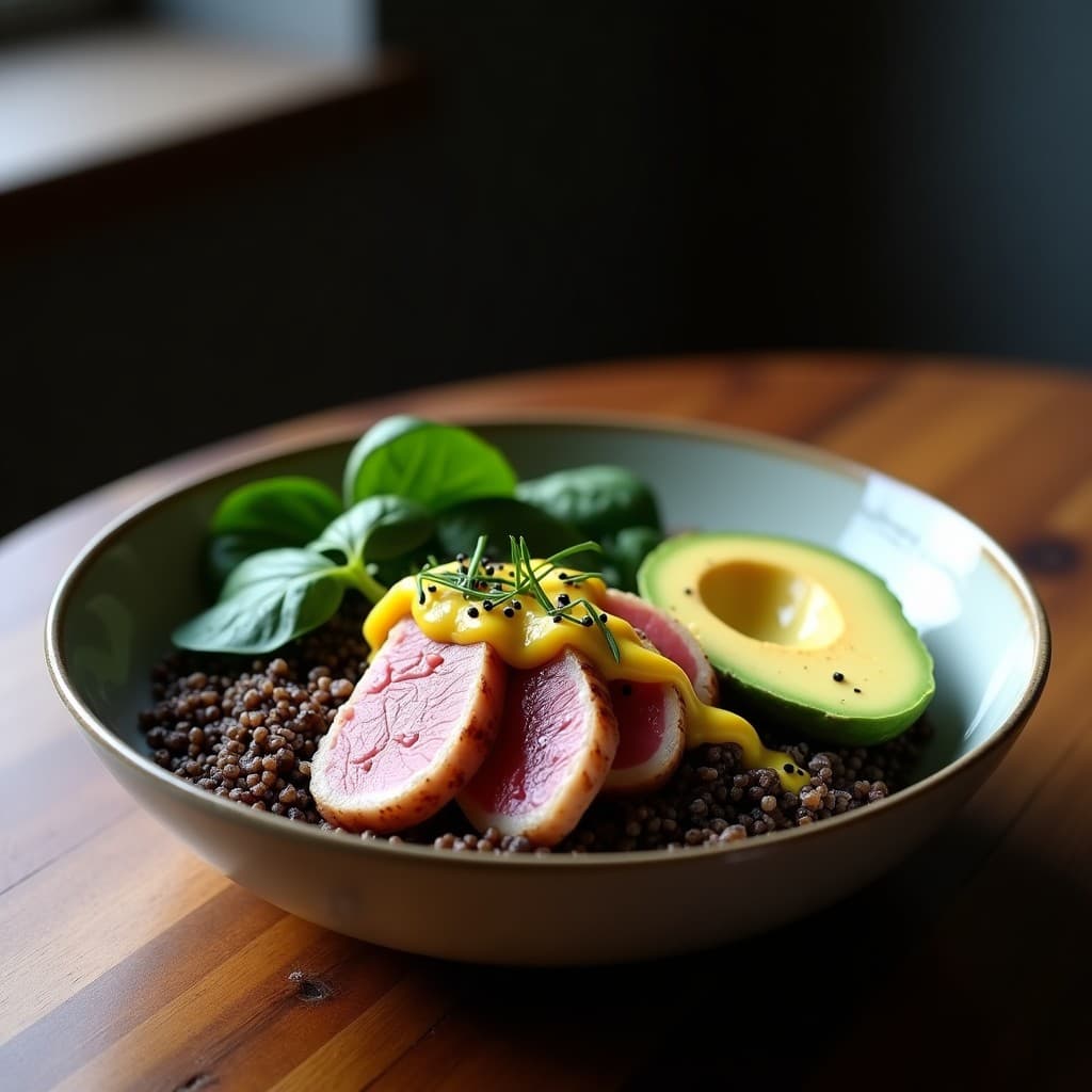 Bowl de quinoa negra con láminas de lomo de atún sellado dorado, aguacate en cubos y espinacas baby, bañado en salsa de maracuyá amarilla brillante. Decorado con semillas de sésamo negro y cebollino picado sobre fondo de madera rústica.
