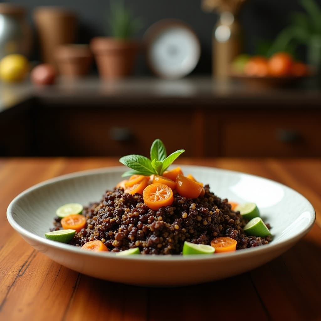 Bowl de quinoa negra con camu camu y vinagreta de lima en tupper de cristal, decorado con zanahoria rallada, pepino japonés en juliana, rábanos rojos, semillas de girasol, almendras fileteadas y cilantro fresco. Plato colorido y saludable con tonos morados, verdes y amarillos, ideal para llevar al trabajo.