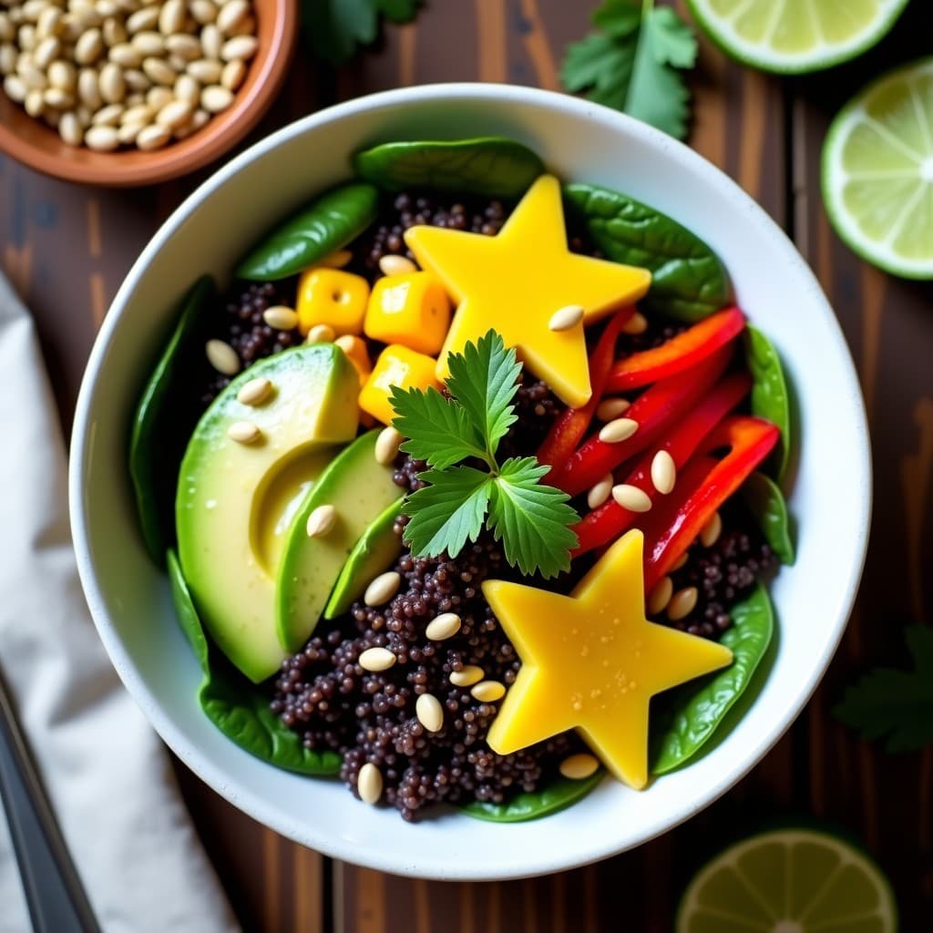 Bowl colorido con quinoa negra como base, rodajas de carambola amarillo brillante, cubos de aguacate verde, espinacas frescas, pimiento rojo en juliana y semillas de girasol. Aliño dorado de jengibre y lima vertido encima. Receta antioxidante con toque tropical.