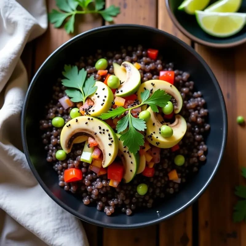 Bowl hondo de cerámica negra con quinoa negra cocida como base, ceviche de champiñones portobello en tiras marinados en leche de tigre, decorado con aguacate en cubos, cilantro fresco y pimiento rojo. Plato fresco y colorido, típico de la cocina peruana crudivegana.