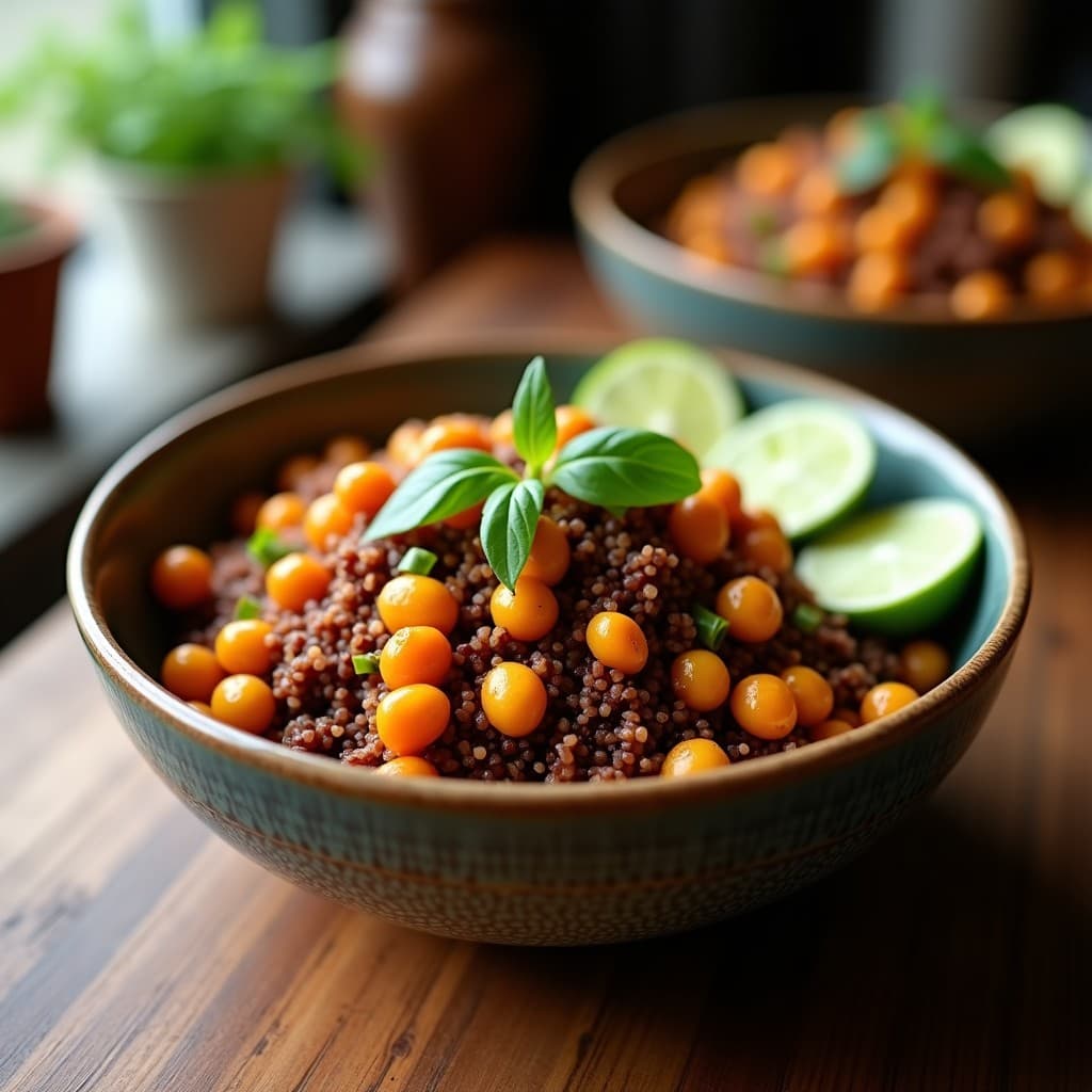Bowl colorido con quinoa negra, garbanzos dorados, aguacate en cubos, espinacas y salsa de tamarindo brillante, decorado con semillas de sésamo y cilantro fresco. Plato peruano vegano en olla express.