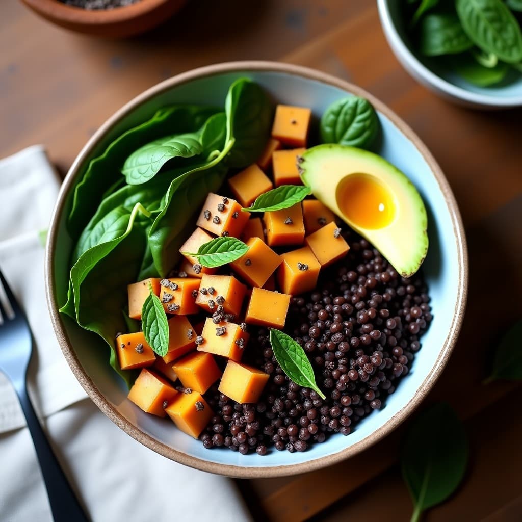 Bowl colorido con quinoa negra, higheros en cubos, espinacas baby, semillas de chía doradas y vinagreta de tamarindo, decorado con hojas de menta fresca sobre fondo rústico.