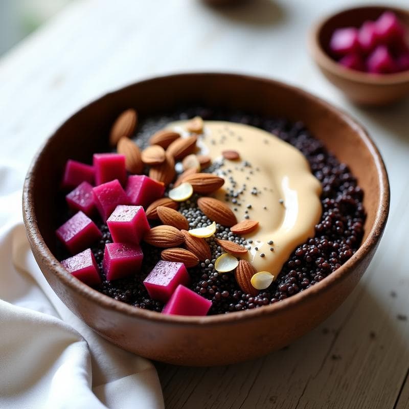 Bowl de quinoa negra servido en cuenco de cerámica blanca, con quinoa cocida como base, cubos de higo chumbo rosado, espinacas baby, semillas de chía y almendras fileteadas. Salsa de tahini cremosa vertida en espiral sobre el bowl, decorado con canela en polvo y pimienta rosa. Fondo claro con texturas rústicas.