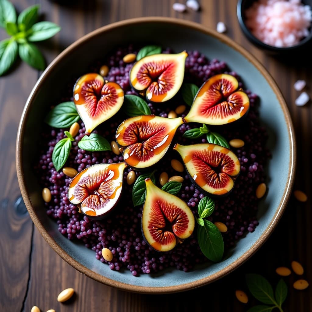 Bowl de quinoa negra con higos asados dorados y reducción de vinagre balsámico brillante, acompañado de espinacas, zanahoria morada rallada y semillas de calabaza, decorado con hojas de menta sobre un fondo rústico.