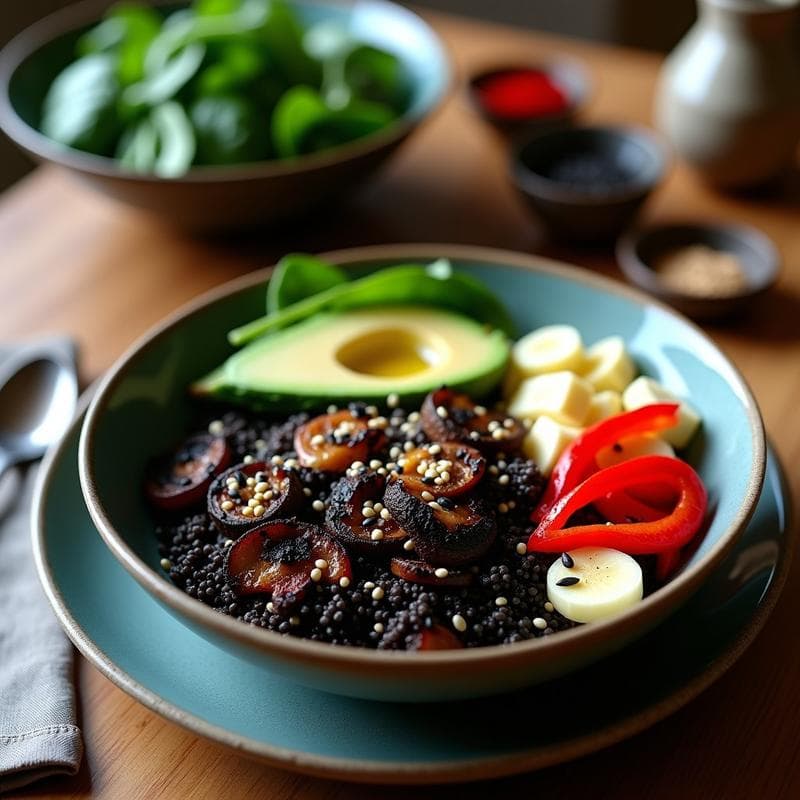 Bowl colorido con quinoa negra, hongos portobello dorados, aguacate en cubos, espinacas baby y semillas de sésamo negro, decorado con algas nori y aceite de sésamo tostado.