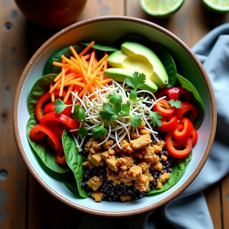 Bowl colorido con quinoa negra como base, jackfruit desmenuzado dorado, espinacas frescas, zanahoria rallada, pimiento rojo en juliana, aguacate en cubos, brotes de alfalfa y semillas de sésamo, bañado en aderezo verde de cilantro y limón. Receta peruana sin gluten.