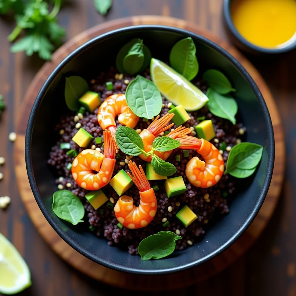 Bowl negro de cerámica con quinoa negra, langostinos dorados al ají amarillo, aguacate en cubos, espinacas baby, semillas de sésamo y cilantro fresco, receta peruana keto en 20 minutos.