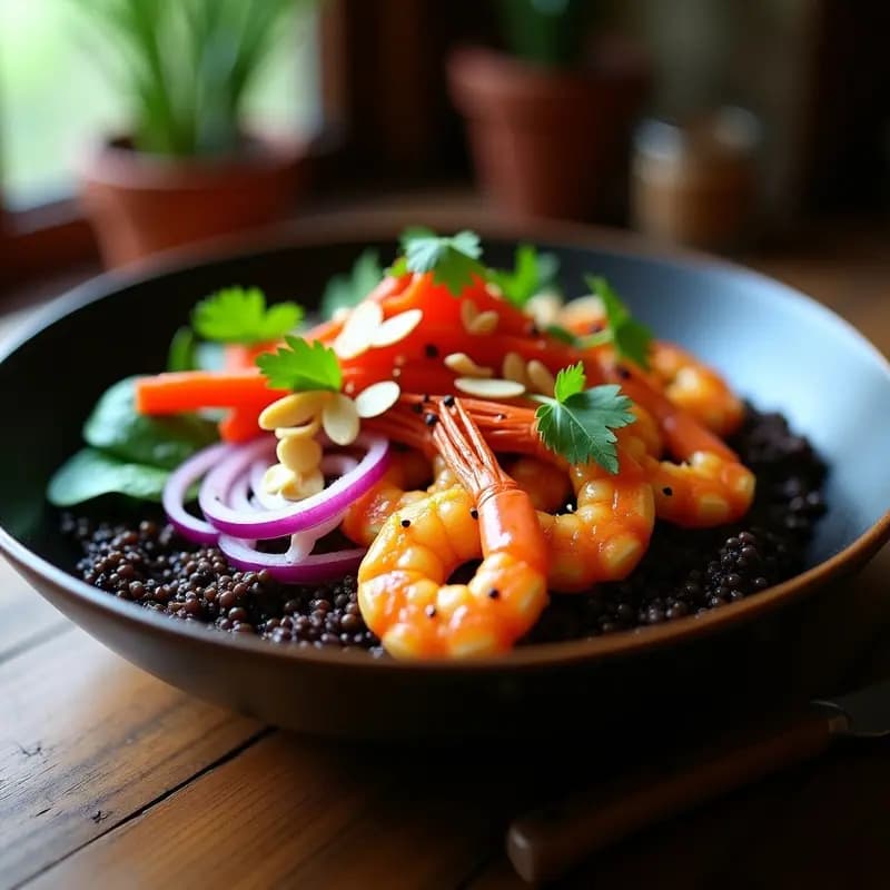 Bowl colorido con quinoa negra, langostinos al curry rojo, mango, aguacate y espinacas, decorado con cilantro y semillas de sésamo. Receta ecuatoriana alta en hierro.