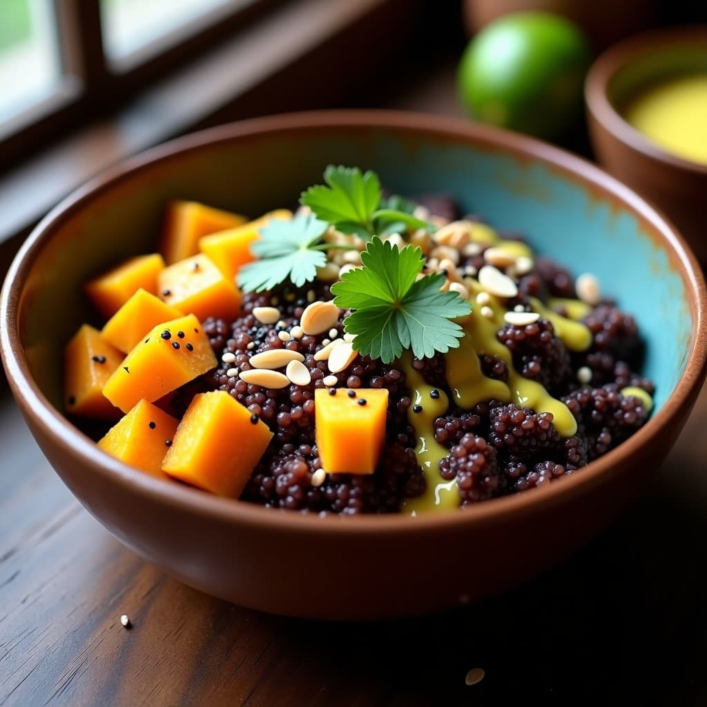Bowl de quinoa negra con mango asado dorado, papa camote en cubos, cebolla morada, almendras fileteadas y semillas de sésamo negro, bañado en aderezo amarillo de ají charapita. Receta peruana alta en proteína, servida en plato de barro con fondo de madera oscura.