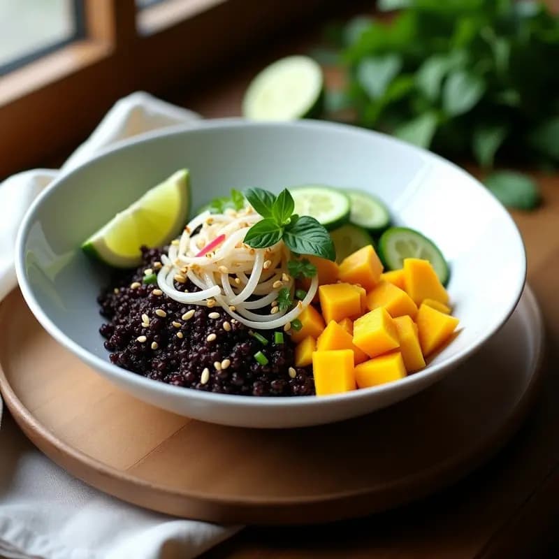 Bowl colorido con quinoa negra, cubos de mango dorado, pepino verde en juliana, cebolla morada y cilantro fresco, bañado en una vinagreta de lima brillante. Decorado con ajonjolí y hojas de albahaca sobre un fondo rústico de madera.