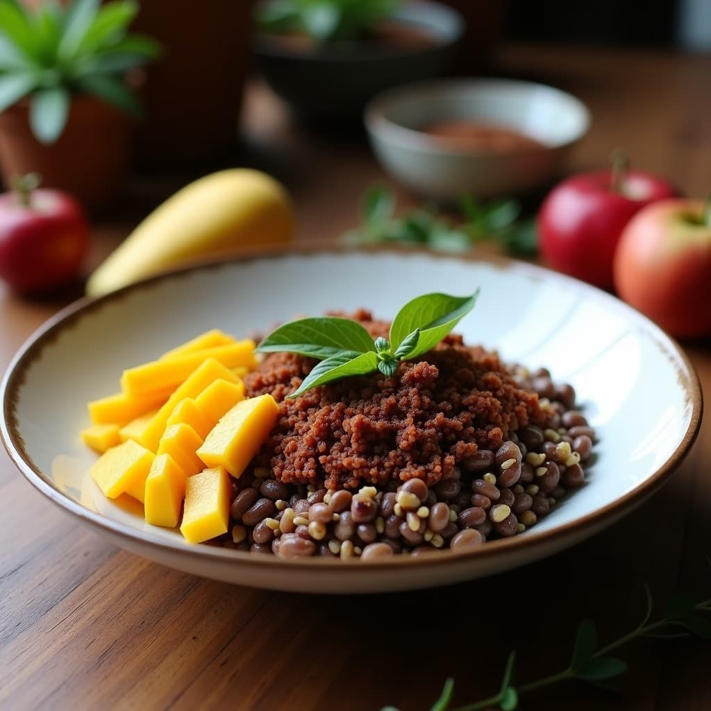 Bowl de quinoa negra con trozos de mango amarillo, crumble dorado de cacao y semillas de sacha inchi, decorado con hojas de menta. Desayuno peruano antioxidante y vegano.