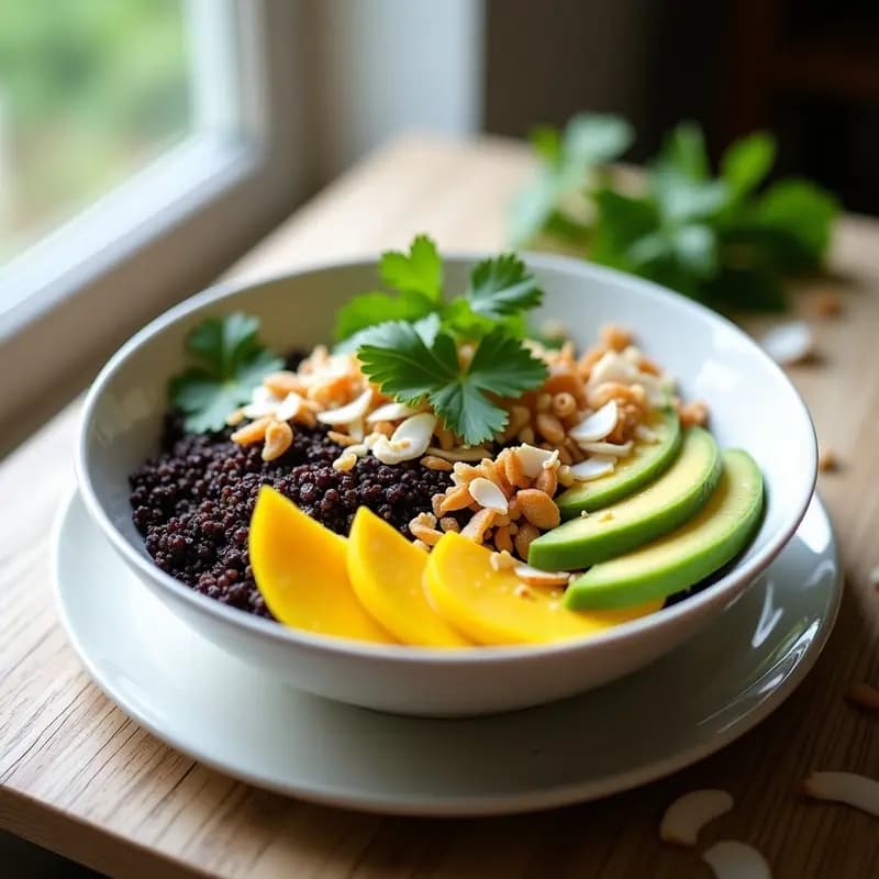 Bowl de quinoa negra con trozos de mango verde, coco tostado dorado y semillas de sésamo, servido en un plato hondo blanco con aderezo de leche de coco y cilantro fresco. Receta tailandesa proteica y colorida.