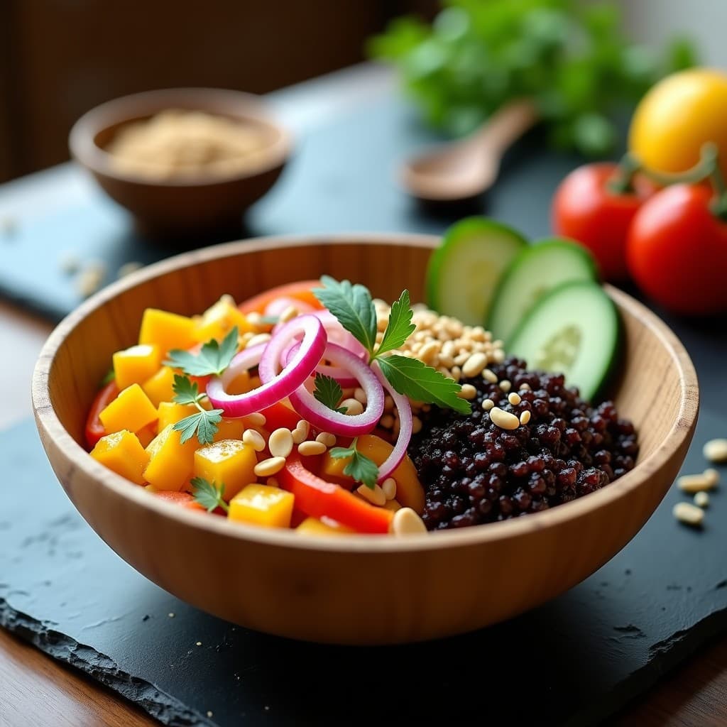 Bowl de quinoa negra con trozos de mangostán blanco, pimiento rojo, pepino y cebolla morada, decorado con cacahuetes picados y cilantro. La vinagreta de lima kaffir brilla sobre los ingredientes, creando un plato colorido y saludable, típico de la cocina tailandesa vegana.