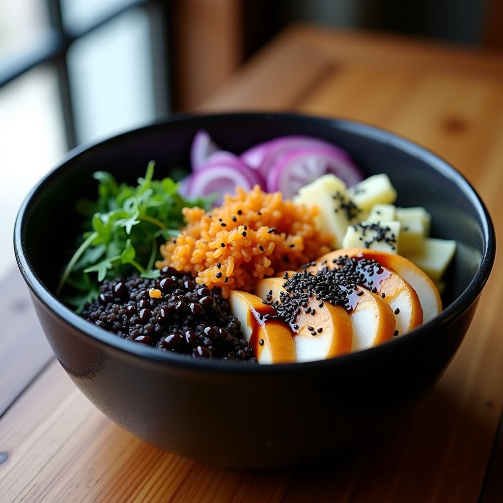 Bowl de quinoa negra con pepino de mar en rodajas, algas wakame y nori, decorado con semillas de sésamo negro y cebolla morada. Receta peruana keto con superalimentos, servido en un plato hondo de cerámica oscura con vinagreta umami.