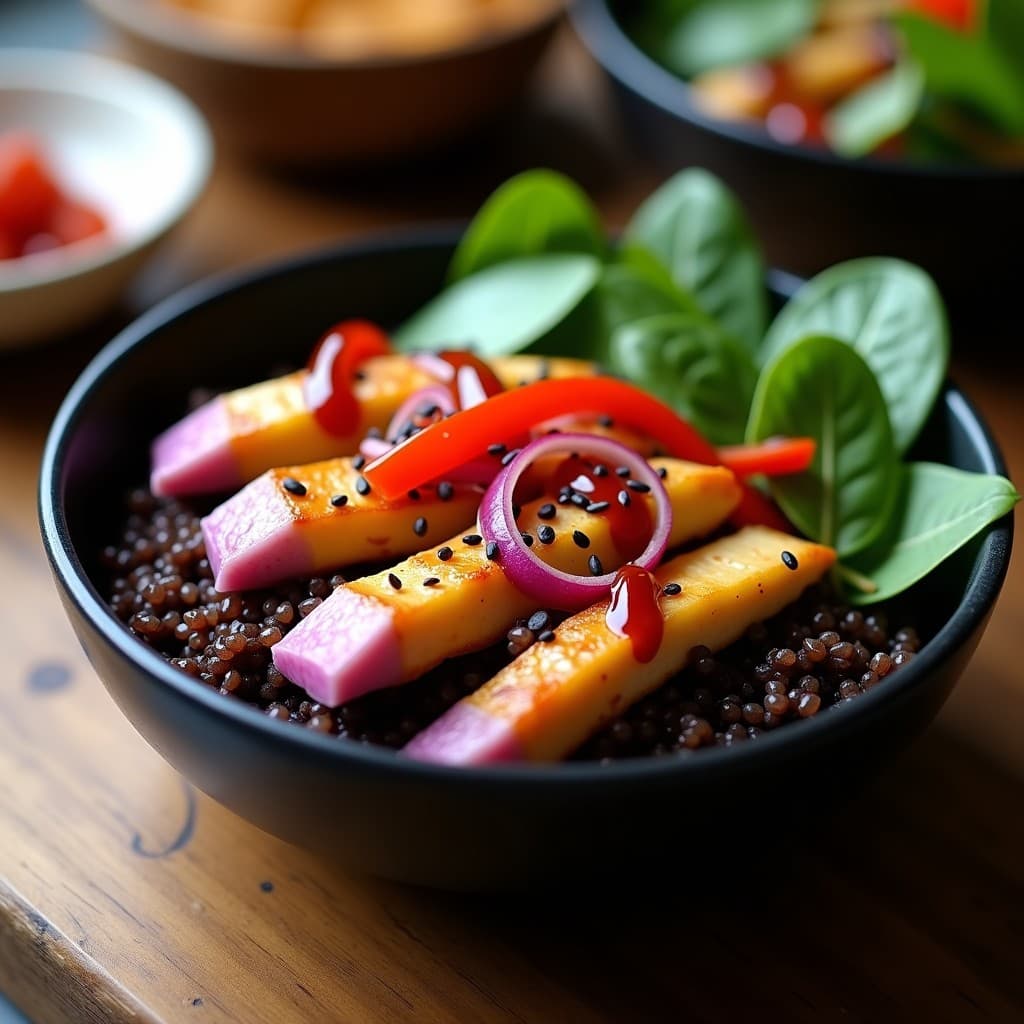 Bowl hondo de cerámica negra con quinoa negra como base, pollo dorado al miso en tiras, cebolla morada, pimiento rojo y espinacas. Aderezo brillante de ciruela umeboshi y semillas de sésamo negro espolvoreadas. Receta fusion alta en proteína.