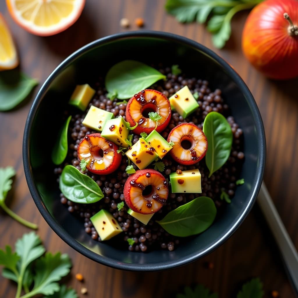 Bowl de quinoa negra con pulpo a la plancha dorado, aguacate en cubos, espinacas frescas y agrodulce de granadilla brillante, servido en plato hondo de cerámica negra con decoración de cilantro.