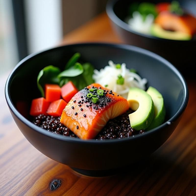 Bowl de quinoa negra y salmón al miso con vegetales fermentados, receta fusión Japón-Peruana antioxidante. Plato hondo de cerámica negra con base de quinoa oscura, trozos de salmón dorado glaseado con miso, kimchi rojo, daikon fermentado blanco, aguacate verde, semillas de sésamo negro y algas nori. Vinagreta brillante de yuzu y decoración con cebollino.
