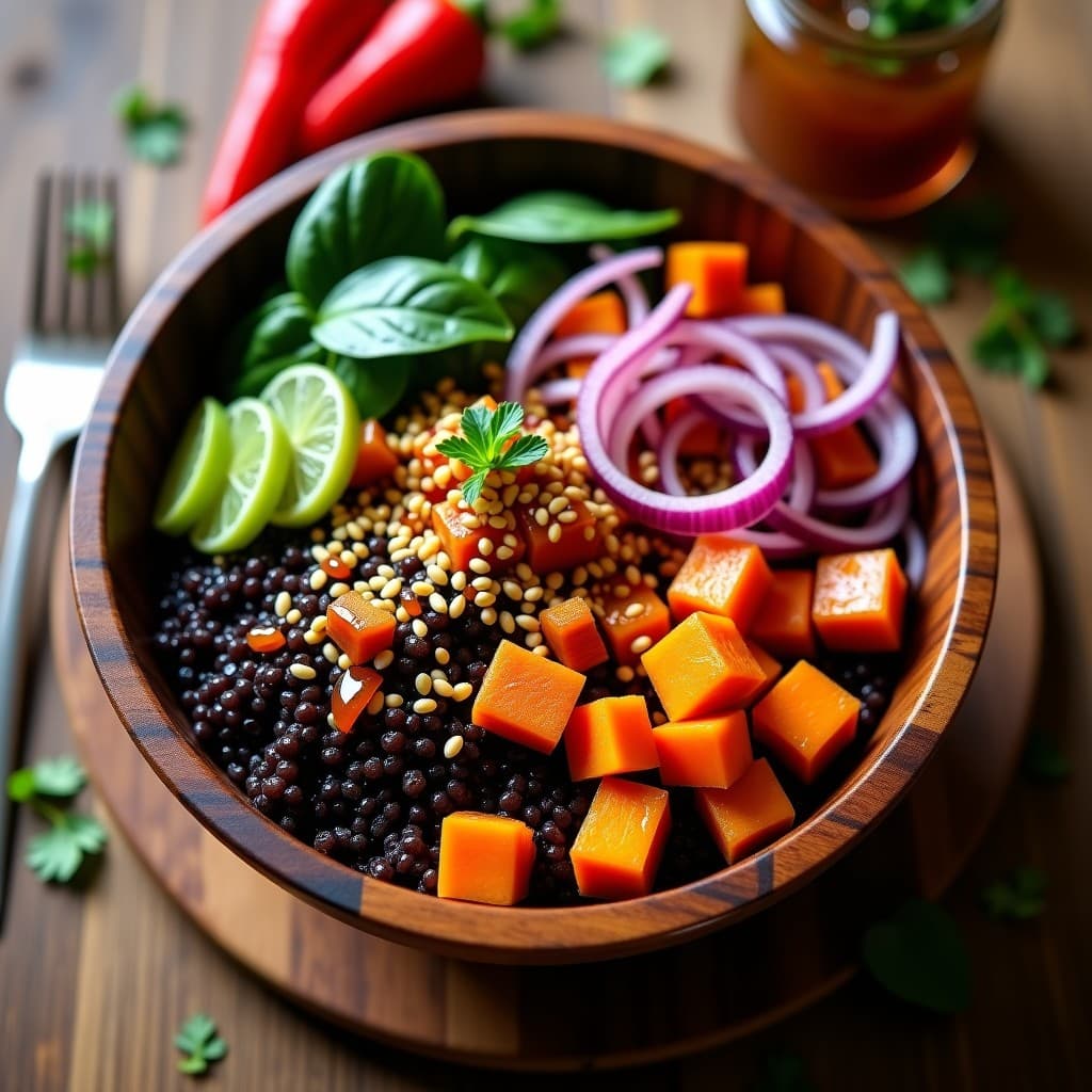 Bowl colorido con quinoa negra como base, verduras asadas (calabaza, zanahoria morada, pimiento rojo y cebolla) dispuestas en capas, espinacas frescas y apio crujiente. Bañado con un aderezo brillante de tamarillo de tone naranja-rojizo y decorado con semillas de ajonjolí tostado. Plato con fondo rústico de madera y hierbas frescas.