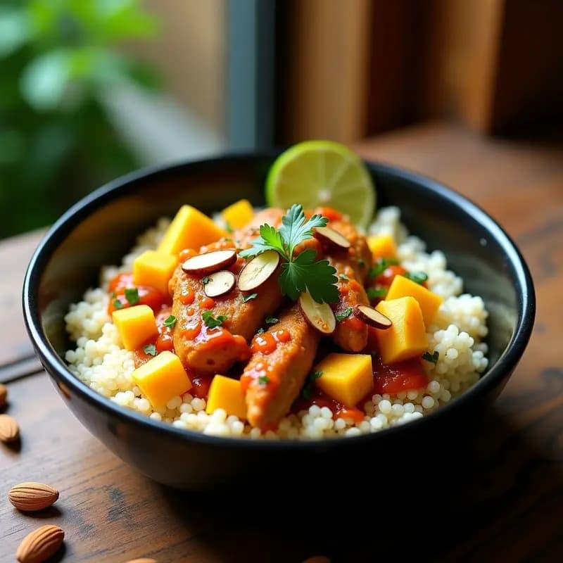 Bowl colorido de quinoa blanca con tiras de pollo al curry rojo, cubos de mango dorado, espinacas baby, semillas de sésamo y cilantro fresco, servido en plato hondo de cerámica negra. Receta fusion indo-peruana alta en proteína.