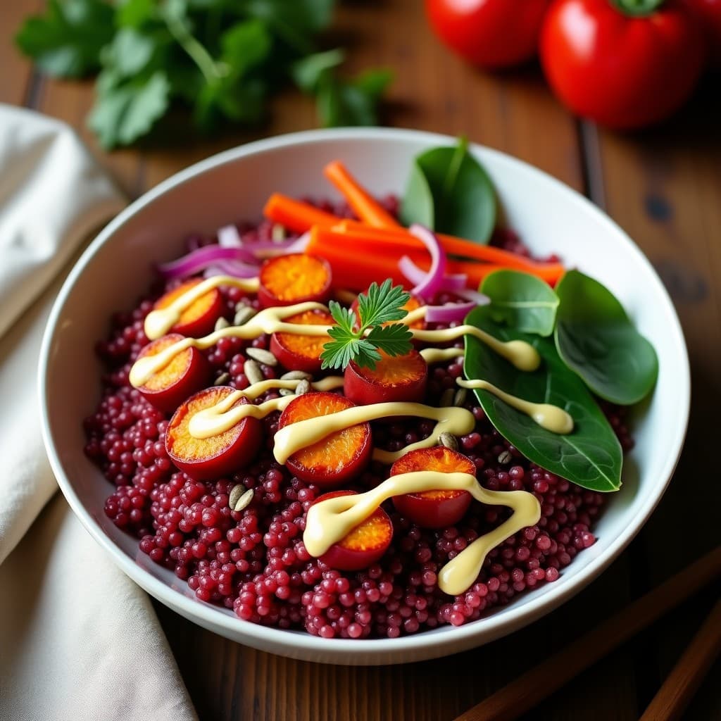 Bowl colorido con quinoa roja esponjosa, camote asado dorado, espinacas frescas, cebolla morada y pimiento rojo, bañado en aderezo de mostaza y miel, espolvoreado con semillas de sésamo. Receta peruana alta en hierro.