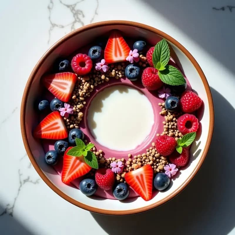 Bowl de desayuno francés con quinoa rosa en capas, yogur cremoso, frutos del bosque (arándanos, frambuesas y fresas en láminas), granola crujiente y vinagreta de lavanda. Decorado con semillas de chía, hojas de menta y pétalos de rosa comestibles sobre fondo blanco.
