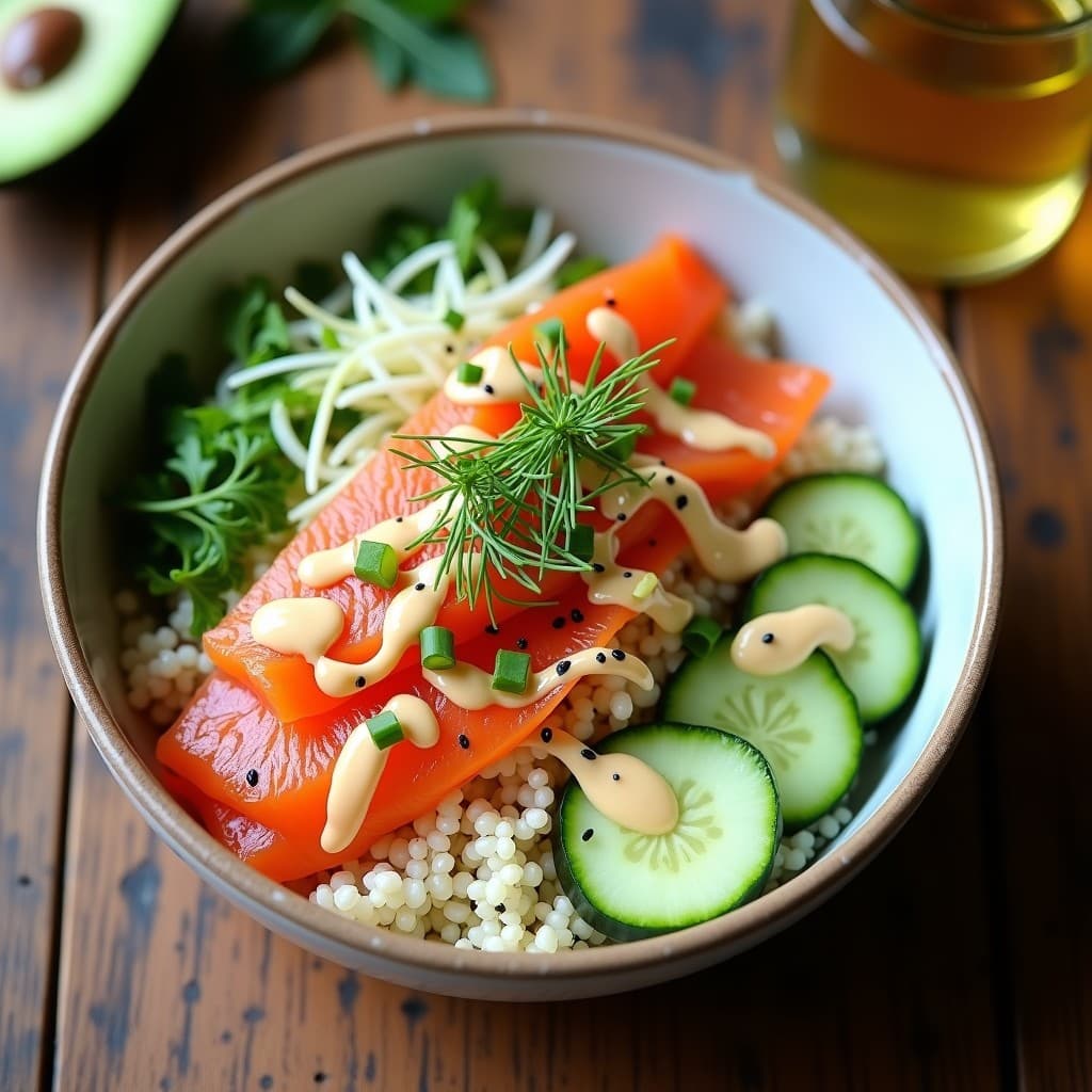 Bowl de Quinoa con Salmón Ahumado y Aderezo de Yogur de Soja: Receta Escandinava Alta en Proteína