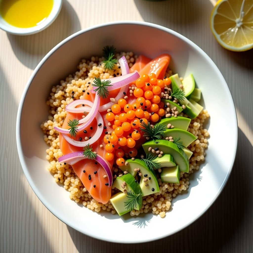 Bowl hondo de cerámica negra con quinoa dorada y crujiente, láminas de salmón ahumado, huevas de trucha naranjas, espárragos verdes, cebolla morada y pimiento amarillo. Decorado con semillas de sésamo y eneldo fresco. Receta en airfryer alta en omega-3.