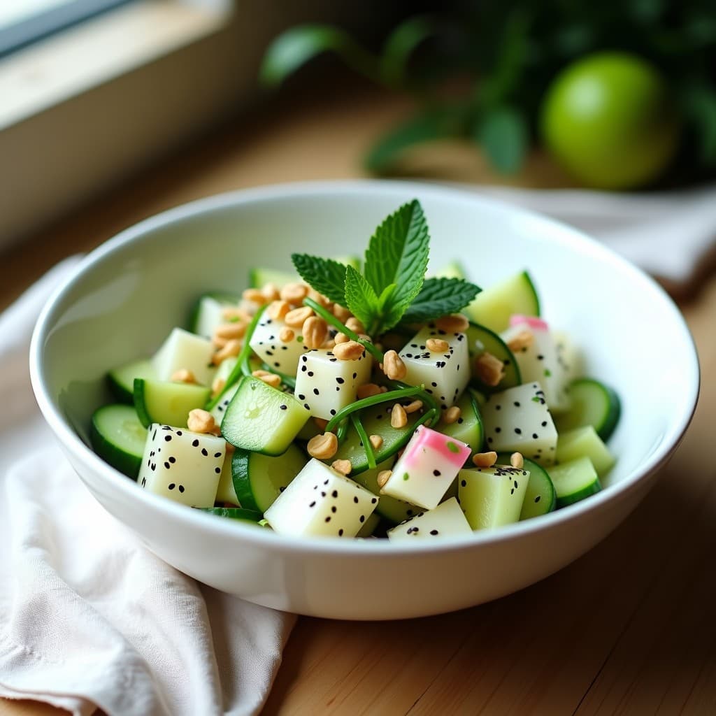 Bowl de porcelana blanca con capas de sango de dragón en cubos, juliana de pepino inglés, germinados de rábano, cebollino picado y menta fresca. Aderezo brillante de limón kaffir y jengibre. Decorado con semillas de sésamo negro, algas nori desmenuzadas y tiras de hoja de limón kaffir. Fondo de madera clara con luz natural.