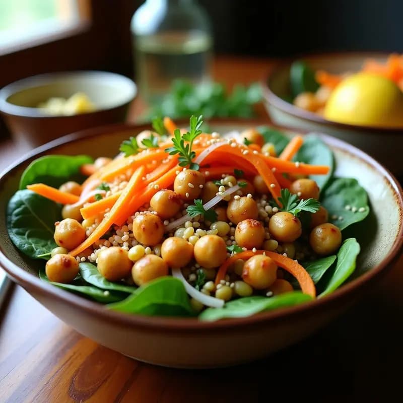 Bowl colorido con base de espinacas frescas, sarralejo cocido, garbanzos tostados dorados, zanahoria rallada y cebolla morada. Decorado con semillas de sésamo y perejil, con vinagreta de limón brillante. Receta portuguesa vegana de bowl de sarralejo con garbanzos y vinagreta de limón.
