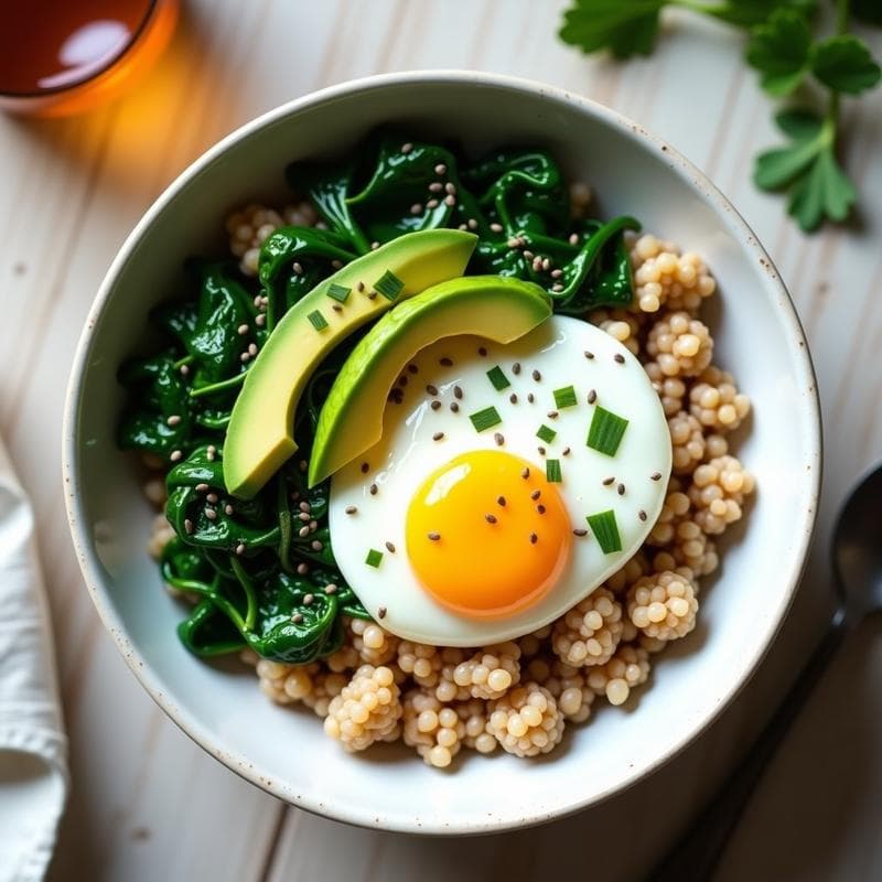 Bowl hondo de cerámica blanca con base de sarrasin cocido, espinacas salteadas verdes, cubos de aguacate cremoso, huevo poché con yema líquida y semillas de chía espolvoreadas. Plato colorido y saludable, receta keto y vegetariana.