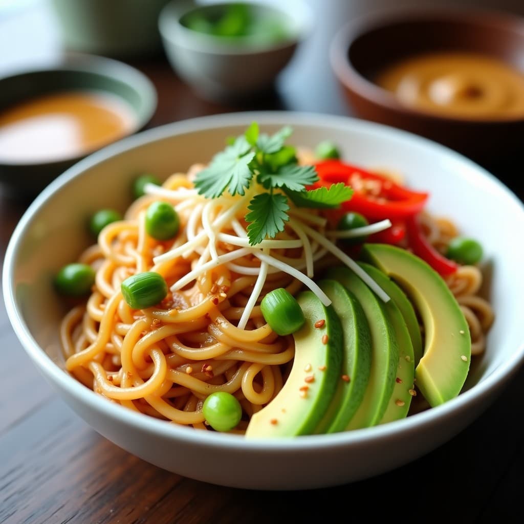 Bowl hondo de cerámica blanca con fideos shirataki dorados, cubos de aguacate verde, brotes de soja, pimiento rojo en juliana y salsa de cacahuete picante espesa. Decorado con semillas de sésamo y hojas de cilantro. Receta japonesa low carb.