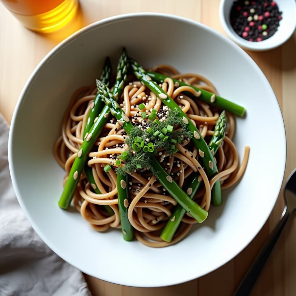 Bowl de soba con fideos de trigo sarraceno, espárragos trigueros salteados y aderezo de sésamo negro, decorado con semillas de sésamo blanco y negro, cebollino picado y tiras de alga nori. Receta japonesa vegana y sin gluten servida en un plato hondo de cerámica oscura.