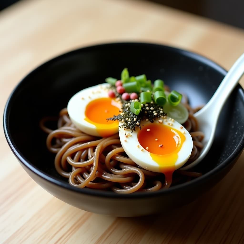 Bowl de soba japonés con fideos de trigo sarraceno, huevos marinados en salsa ponzu cortados por la mitad, algas nori, cebollino, rábano daikon rallado y semillas de sésamo tostadas, servido en un bol hondo de cerámica negra con detalles minimalistas.