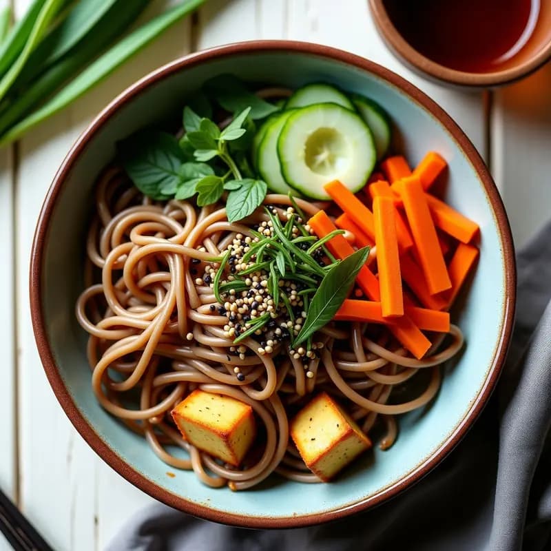 Bowl de fideos soba fríos con chucrut, zanahoria encurtida, pepino y cebolla morada, espolvoreado con sésamo tostado y negro, acompañado de un aderezo oscuro. Receta japonesa vegana con vegetales fermentados.