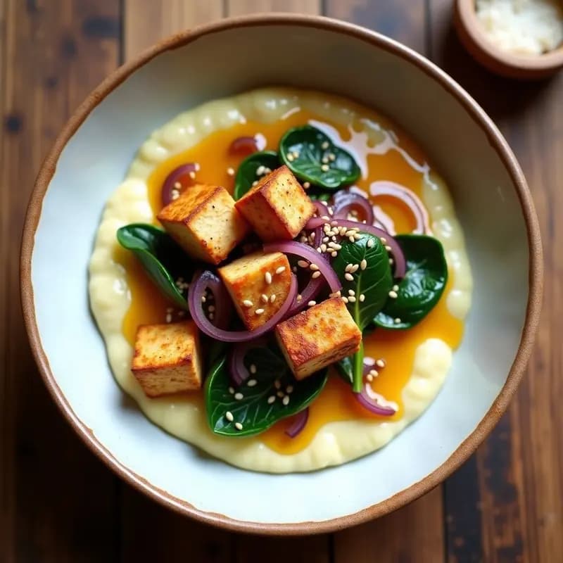 Bowl vegano alemán con puré de coliflor cremoso, tofu ahumado dorado en cubos, cebolla morada y espinacas salteadas, coronado con salsa de mostaza y miel y semillas de sésamo tostadas.