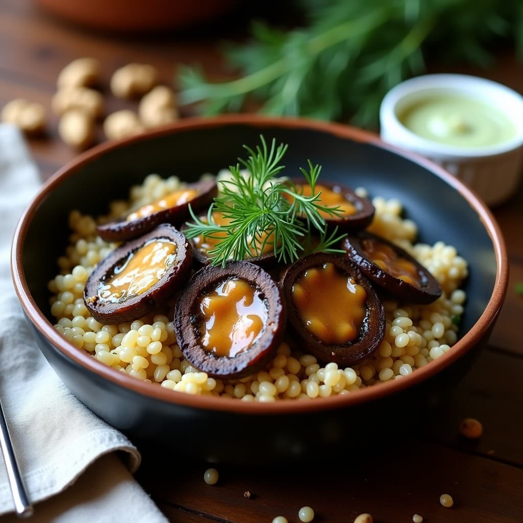 Bowl rústico de cerámica oscura con trigo sarraceno esponjoso, láminas de champiñones portobello asados dorados, nueces picadas y eneldo fresco, acompañado de salsa cremosa de rábano picante en un cuenco pequeño. Receta ucraniana tradicional alta en proteína.