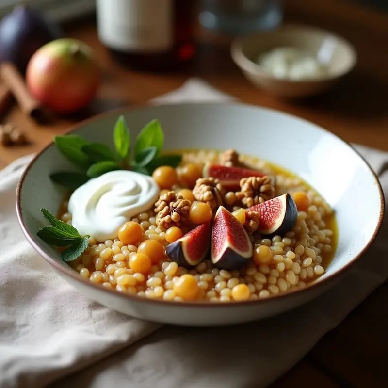 Bowl de trigo sarraceno cocido con higos caramelizados dorados, nueces tostadas y vinagreta de vinagre de sidra, servido con yogur natural en un cuenco rústico. Desayuno francés sin gluten.