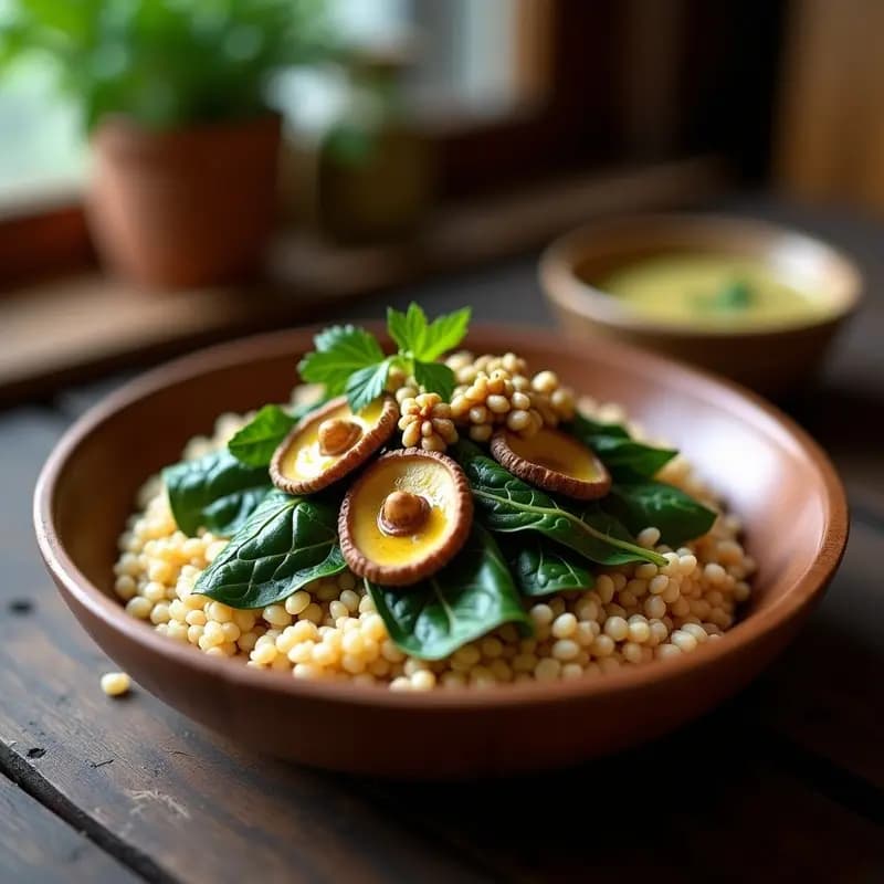 Bowl de trigo sarraceno cocido con hongos chanterelle dorados y espinacas salteadas, decorado con nueces picadas y perejil fresco, receta keto ucraniana saludable.