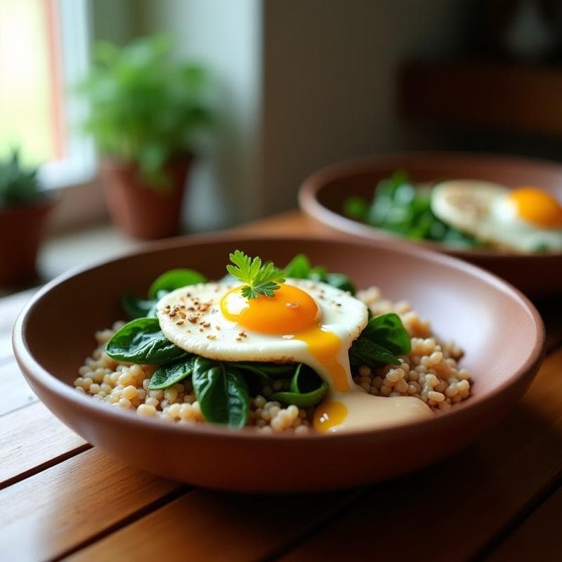 Bowl de trigo sarraceno con huevo pochado y salsa de tahini, desayuno turco keto y sin gluten, decorado con perejil fresco y semillas de sésamo sobre fondo rústico de madera.