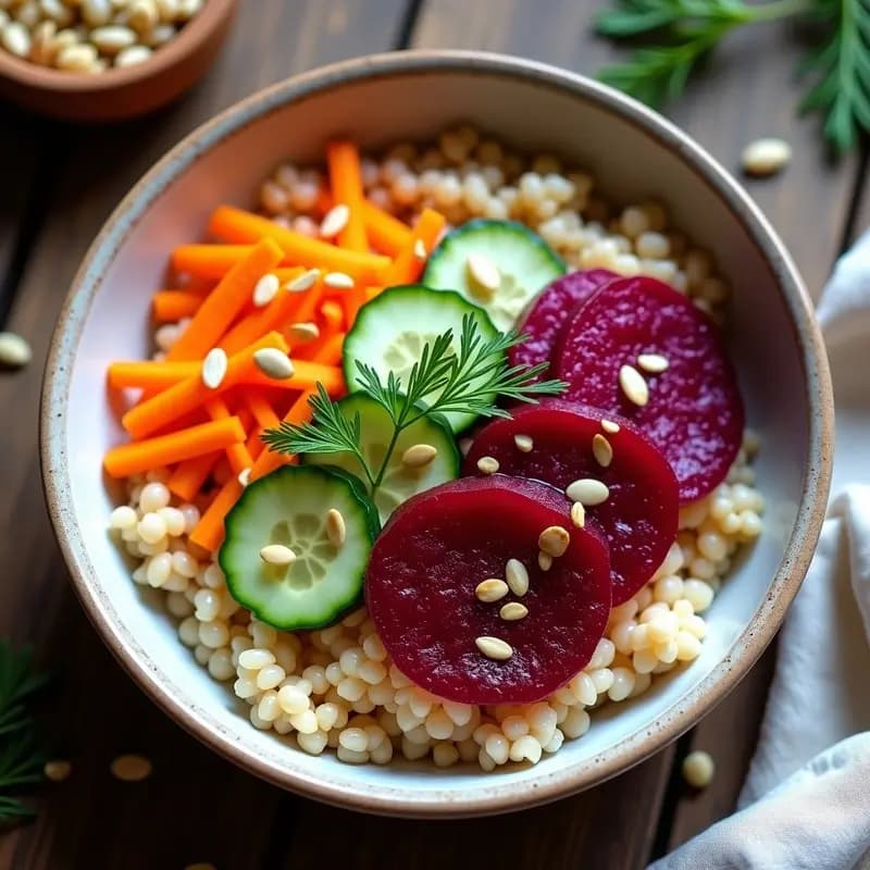 Bowl colorido con trigo sarraceno como base, remolacha fermentada en tonos rosados, zanahoria rallada naranja, pepino verde y semillas de girasol doradas. Plato saludable y probiótico con decoración de eneldo fresco.