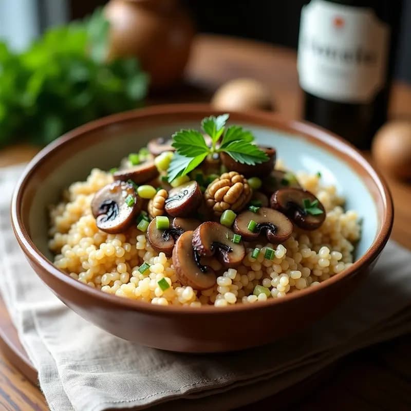Bowl de trigo sarraceno cocido con setas ostra doradas, cebolla morada, apio y nueces picadas, bañado en aderezo de aceite de trufa. Receta ucraniana keto servida en plato hondo de cerámica blanca sobre fondo rústico.
