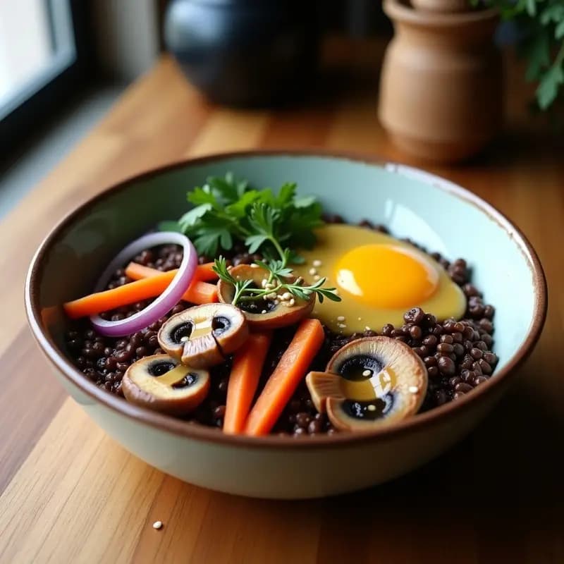 Bowl hondo de cerámica oscura con trigo sarraceno cocido, setas shitake doradas salteadas, semillas de calabaza y perejil fresco, bañado en aderezo de mostaza. Plato típico ruso alto en fibra y vegano.