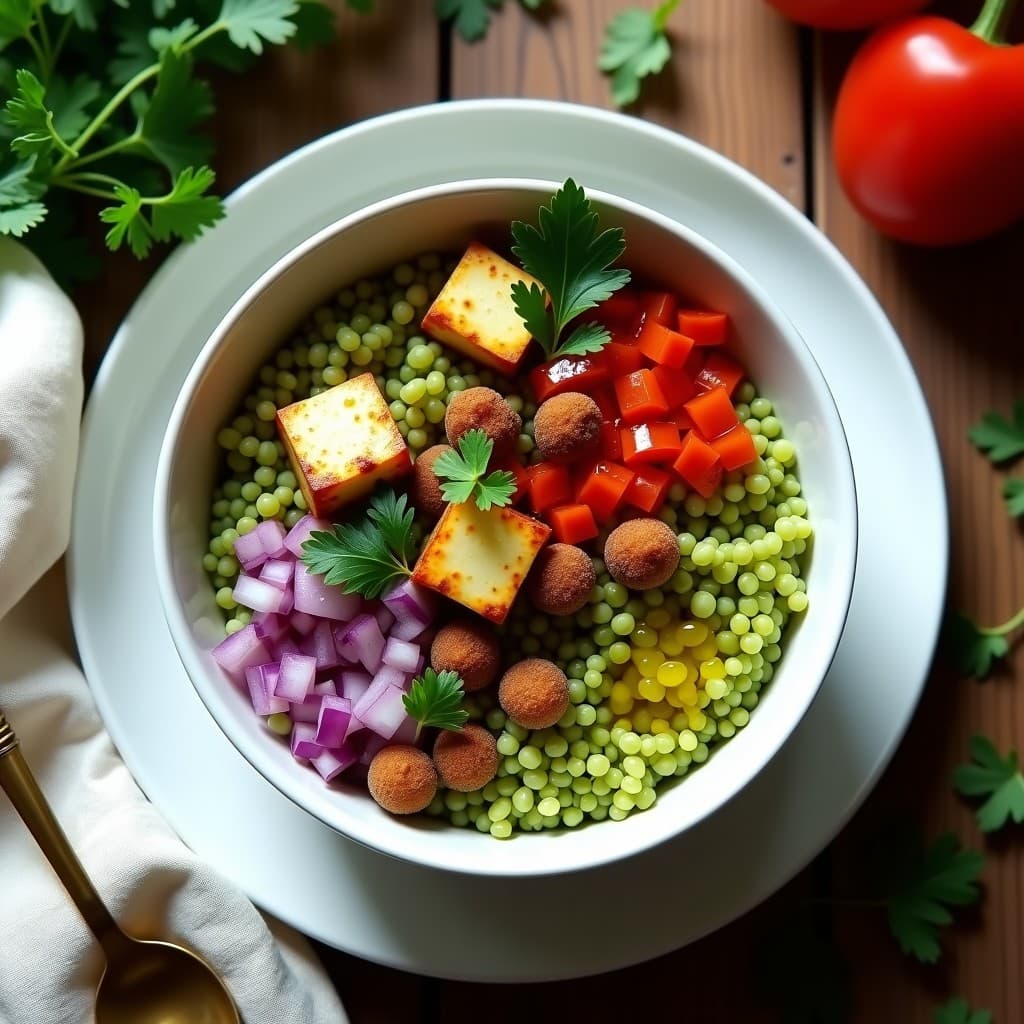 Bowl colorido de trigo verde con cubos dorados de queso halloumi, uvas pasas hidratadas, cebolla morada, pimiento rojo y almendras tostadas, decorado con perejil fresco y un chorrito de aceite de oliva virgen extra. Plato libanés veraniego servido en un bol de cerámica blanca sobre fondo rústico.