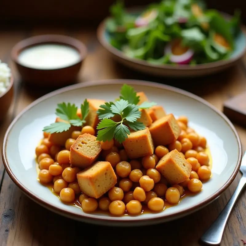 Bowl colorido con yaca madura desmenuzada, garbanzos dorados, zanahoria rallada, cebolla morada y pimiento rojo, bañado en salsa cremosa de tamarindo y coco. Decorado con cilantro fresco y cacahuetes picados. Receta vegana tailandesa en Thermomix.