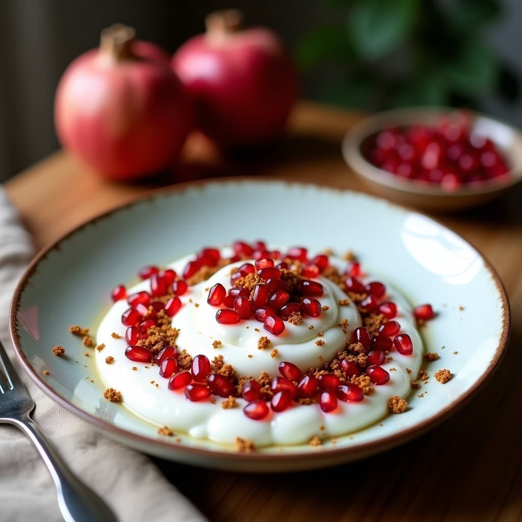 Bowl de yogur de coco cremoso coronado con granos de granada rojos vibrantes, almendras fileteadas doradas, semillas de sésamo negro y un espiral de aceite de oliva con zaatar espolvoreado. Decorado con hojas de menta fresca y pétalos de rosa comestibles sobre un fondo rústico de madera.