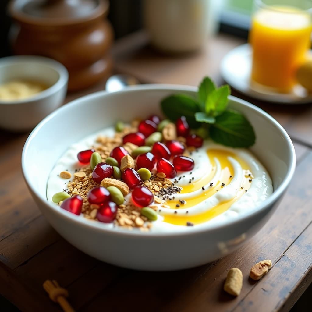 Bowl blanco hondo con yogur griego cremoso sin lactosa como base, cubierto de semillas de granada rojas vibrantes, pistachos tostados picados, copos de avena dorados, semillas de chía y un hilo de miel de eucalipto dorada. Decorado con hojas de menta fresca y una pizca de canela, sobre un fondo de madera rústica con luz natural.