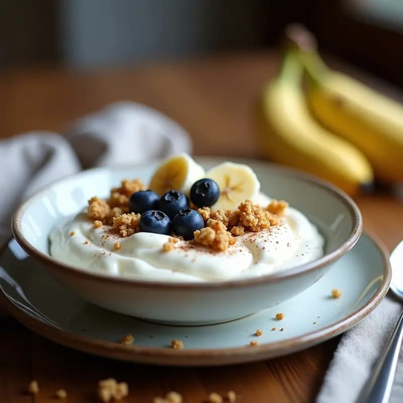 Bowl de yogur griego cremoso con granola casera dorada, arándanos frescos y rodajas de plátano, espolvoreado con canela, receta proteica y sin azúcar.