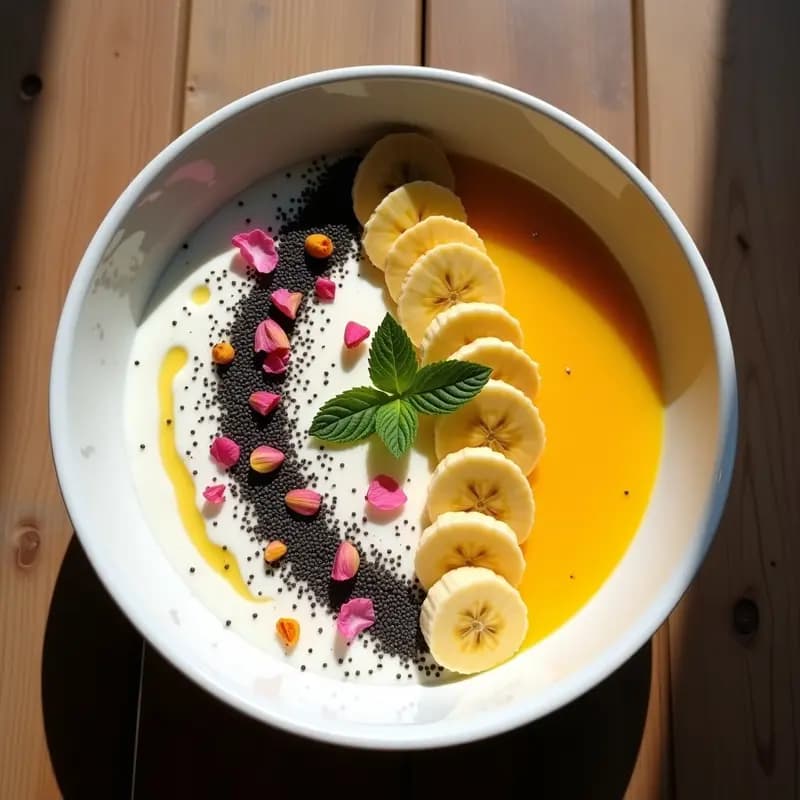 Bowl colorido y estético con yogur de soja cremoso, pulpa dorada de granadilla, rodajas de plátano, semillas de amapola negras, coco rallado blanco y pétalos de rosa comestibles. Presentación impecable para redes sociales, receta vegana y colombiana.