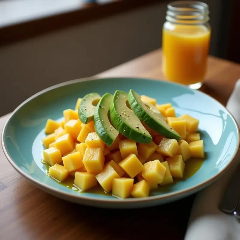 Bowl de cerámica blanca con yuca asada dorada en cubos, aguacate en láminas, tomates cherry cortados y semillas de sésamo, bañado con aderezo brillante de miel y limón. Fondos neutros y cilantro fresco espolvoreado.